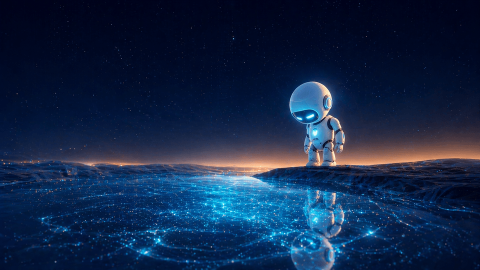 A small luminous AI droid stands at the edge of a still pool of liquid starlight under a deep navy sky fading to amber at the horizon. Editorial sci-fi illustration in a wide cinematic frame.