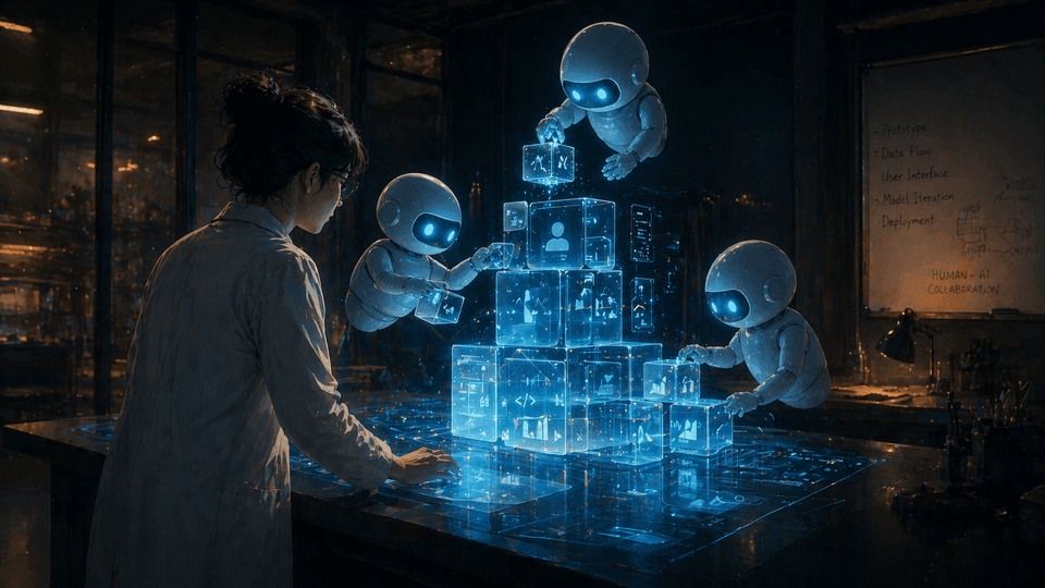 A scientist and three luminous AI agents collaborating around a glowing workbench, assembling translucent geometric building blocks into the silhouette of an application. Editorial sci-fi illustration set inside a hybrid lab and design studio.