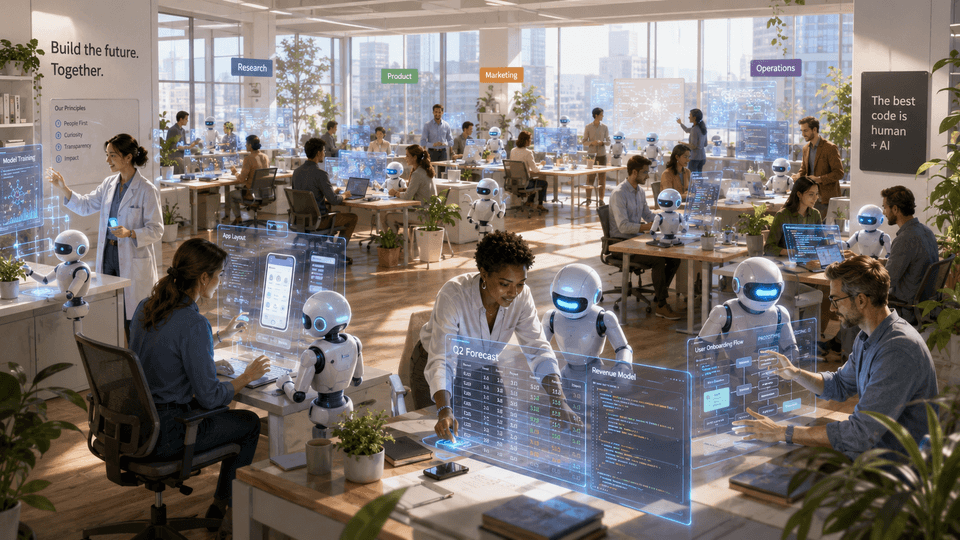 A wide cinematic editorial sci-fi illustration of a bright, daylit modern open-plan office bathed in natural sunlight from floor-to-ceiling windows. People from many different roles work at their stations, each accompanied by one or more pale-blue ceramic humanoid AI bots with single cyan visors actively assisting them. A scientist in a lab coat works at a glowing analytics dashboard, a designer shapes a translucent app interface, a finance lead leans over a holographic spreadsheet whose cells pulse with running code, and others write code at floating screens. Soft signage in the background reads Research, Product, Marketing, and Operations. The office feels light, optimistic, and alive with people authoring software side by side with their AI assistants.