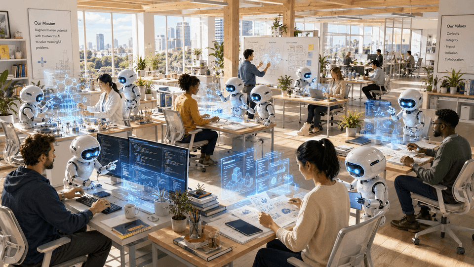 A bright, daylit modern open-plan office. Five to seven people of diverse backgrounds work at individual desks across the open floor. Each person has a small constellation of luminous AI agents working alongside them. Glowing translucent geometric building blocks and holographic data flows rise above each workstation. An entire workforce supercharged by agents, every person operating at the center of their own collaboration. Editorial sci-fi illustration in a wide cinematic frame.