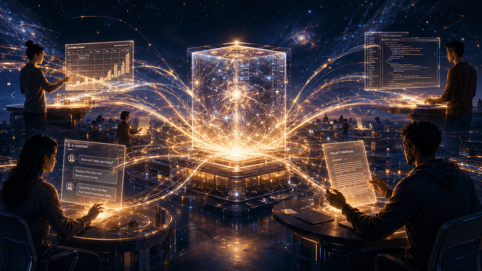 A wide cinematic editorial sci-fi illustration. A luminous translucent data vault at the center of the frame unleashes bright amber and starlight energy beams outward in graceful arcs, reaching a constellation of workstations arranged around it. Four people work at their stations, each illuminated by the energy lines connecting them to their tool of choice: a glowing analytics dashboard, a luminous code editor, an AI chat window, a holographic document. Every user is visibly supercharged by the platform reaching them. Warm amber and starlight tones against a cosmic deep navy background.
